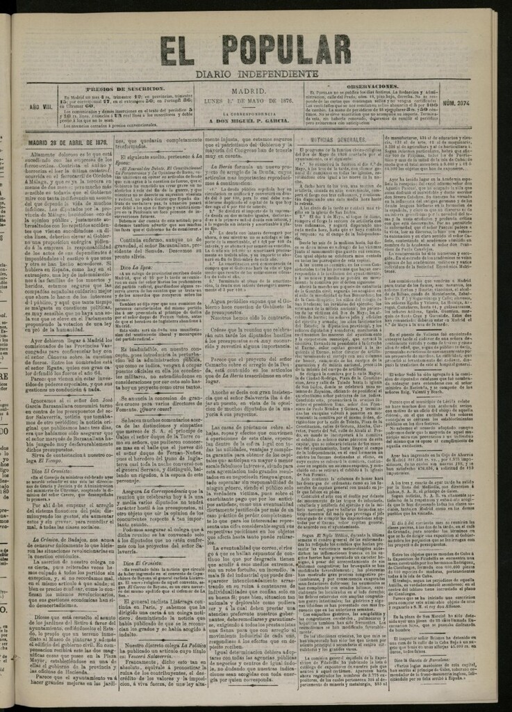 Miniatura de El Popular: diario independiente, político, literario y de noticias de interés general del 1 de mayo de 1876. nº 2074