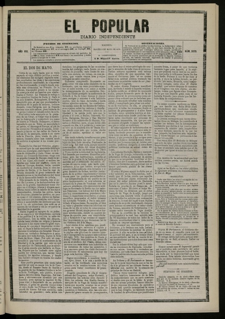Miniatura de El Popular: diario independiente, político, literario y de noticias de interés general del 2 de mayo de 1876. nº 2075