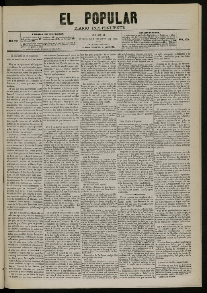 Miniatura de El Popular: diario independiente, político, literario y de noticias de interés general del 3 de mayo de 1876, nº 2076
