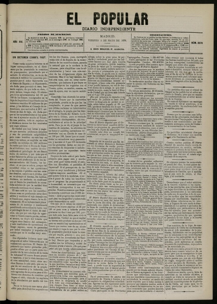 Miniatura de El Popular: diario independiente, político, literario y de noticias de interés general del 5 de mayo de 1876, nº 2078