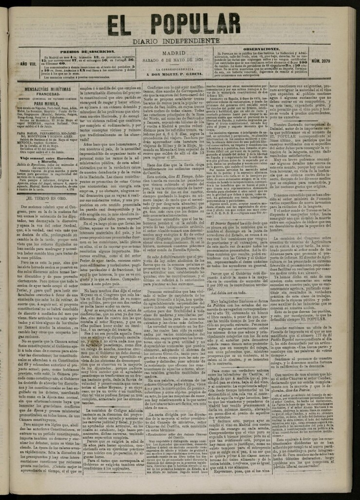 Miniatura de El Popular: diario independiente, político, literario y de noticias de interés general del 6 de mayo de 1876. nº 2079