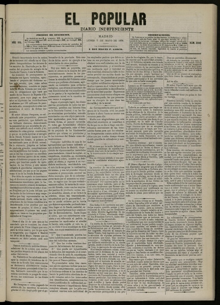 Miniatura de El Popular: diario independiente, político, literario y de noticias de interés general del 7 de mayo de 1876, nº 2080