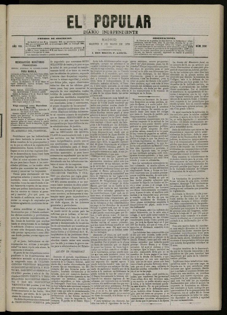 Miniatura de El Popular: diario independiente, político, literario y de noticias de interés general del 9 de mayo de 1876, nº 2081