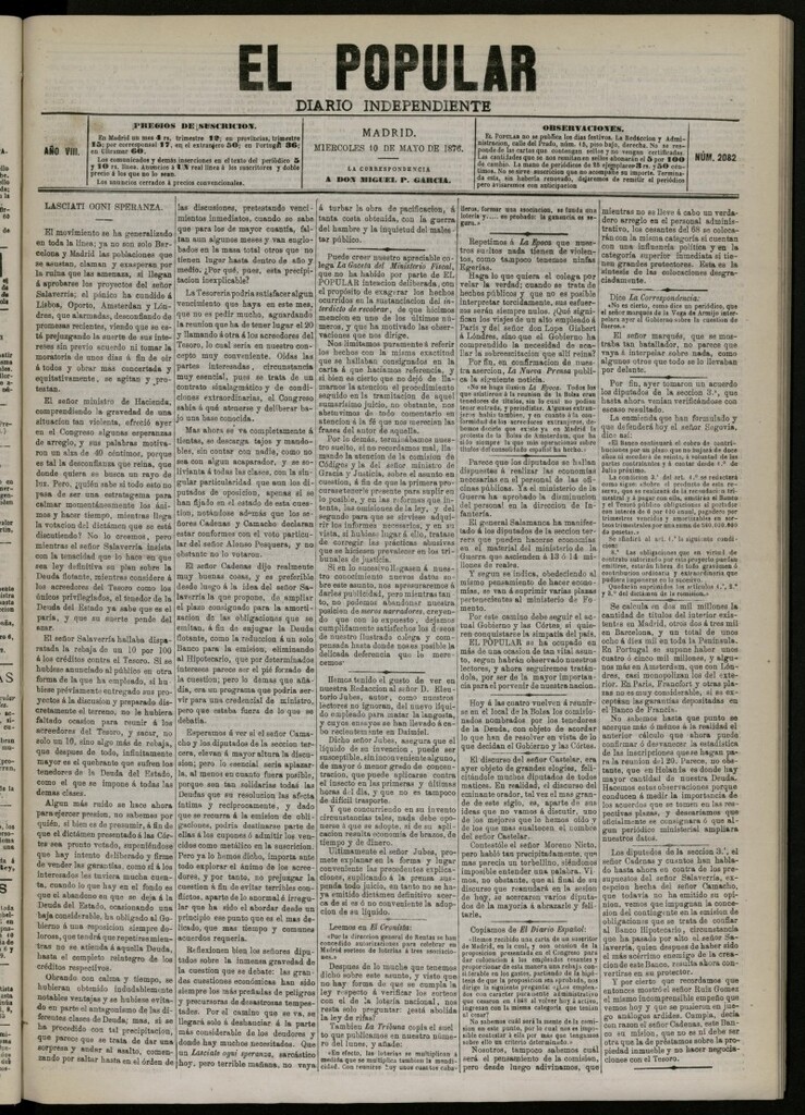 Miniatura de El Popular: diario independiente, político, literario y de noticias de interés general del 10 de mayo de 1876, nº 2082