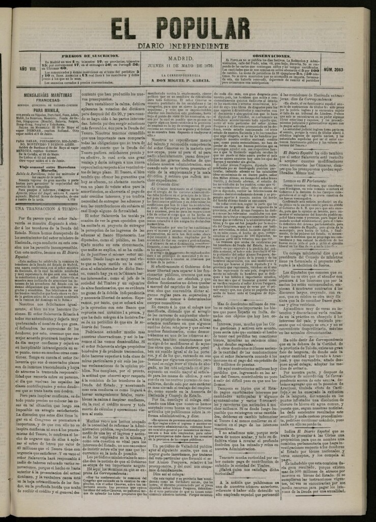 Miniatura de El Popular: diario independiente, político, literario y de noticias de interés general del 11 de mayo de 1876, nº 2083