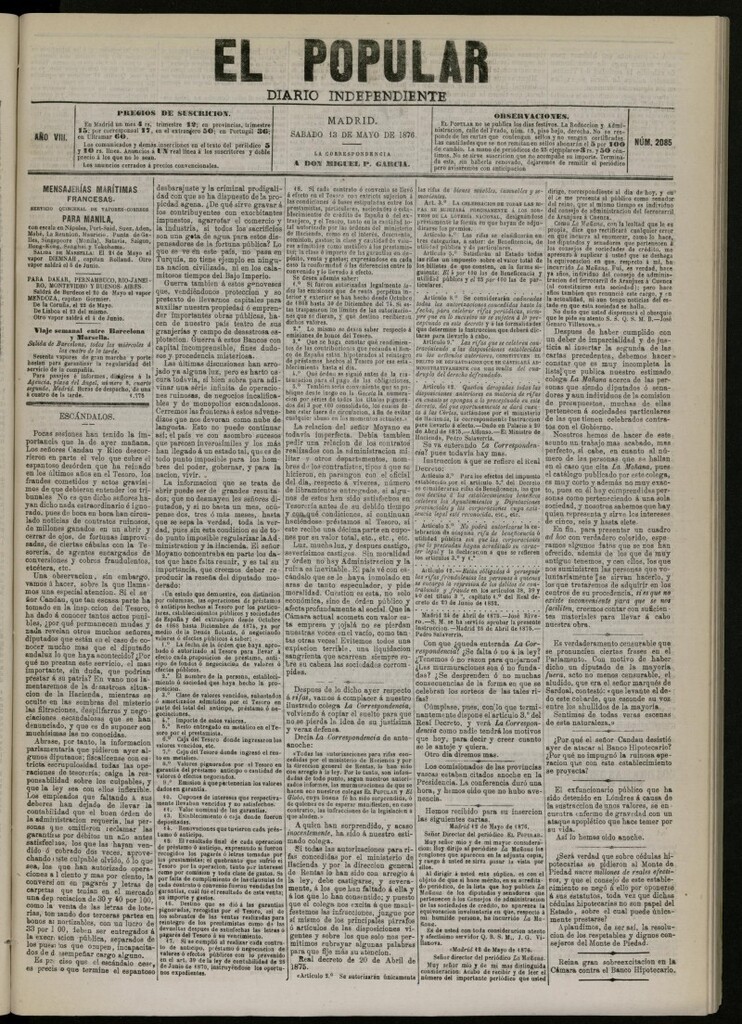 Miniatura de El Popular: diario independiente, político, literario y de noticias de interés general del 13 de mayo de 1876, nº 2085