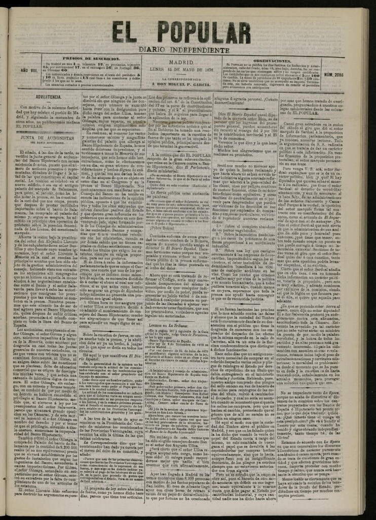 Miniatura de El Popular: diario independiente, político, literario y de noticias de interés general del 15 de mayo de 1876, nº 2086