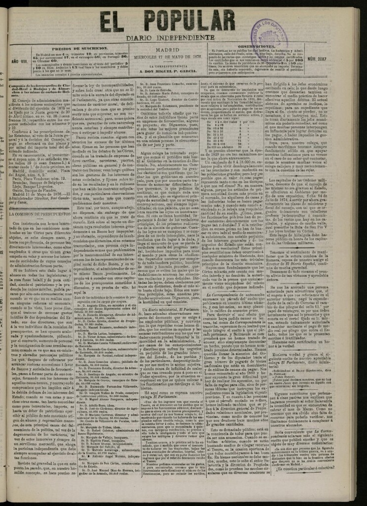 Miniatura de El Popular: diario independiente, político, literario y de noticias de interés general del 17 de mayo de 1876, nº 2087