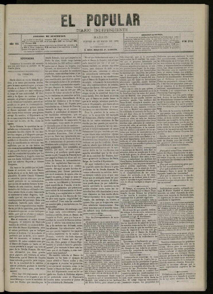 Miniatura de El Popular: diario independiente, político, literario y de noticias de interés general del 18 de mayo de 1876, nº 2088