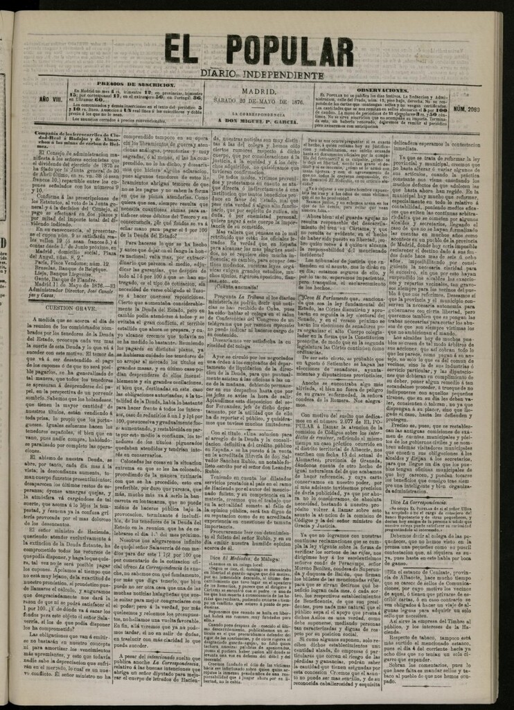 Miniatura de El Popular: diario independiente, político, literario y de noticias de interés general del 20 de mayo de 1876, nº 2090