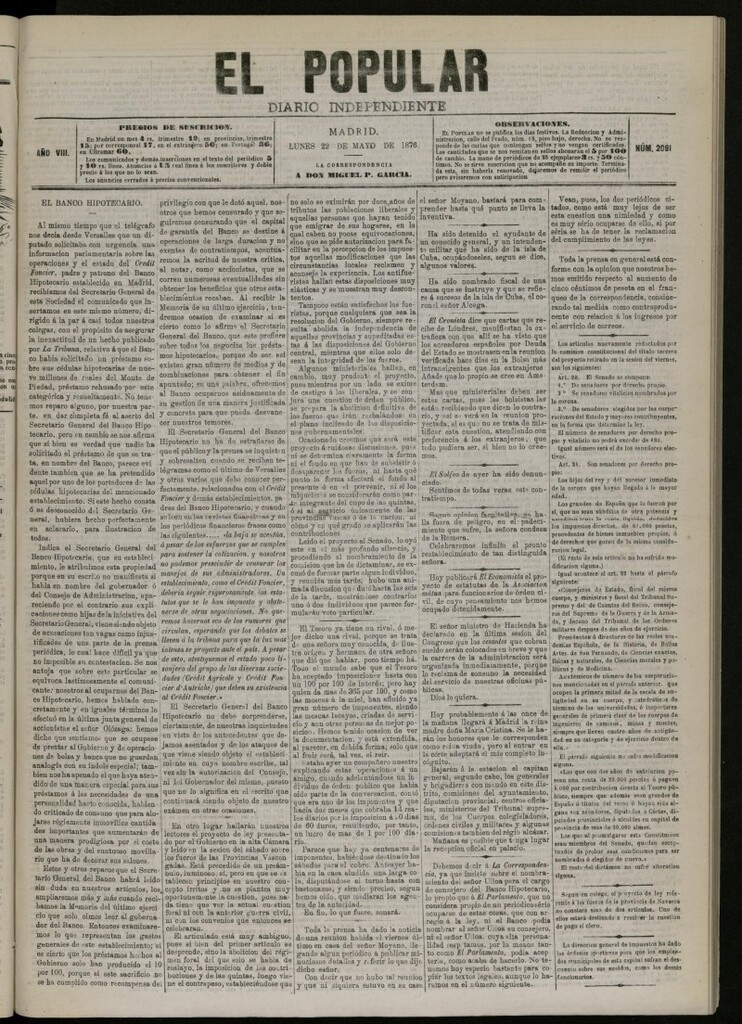 Miniatura de El Popular: diario independiente, político, literario y de noticias de interés general del 22 de mayo de 1876, nº 2091
