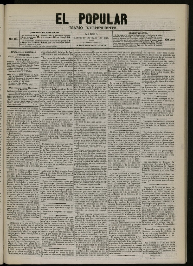 Miniatura de El Popular: diario independiente, político, literario y de noticias de interés general del 23 de mayo de 1876, nº 2092