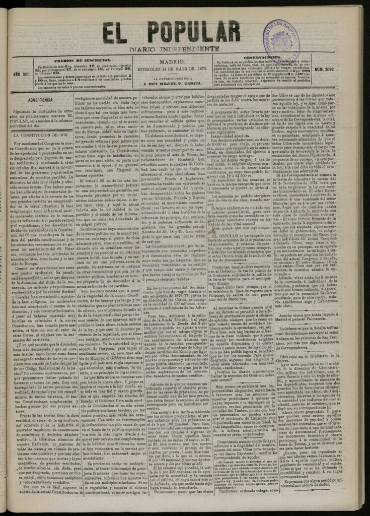 Miniatura de El Popular: diario independiente, político, literario y de noticias de interés general del 24 de mayo de 1876, nº 2093