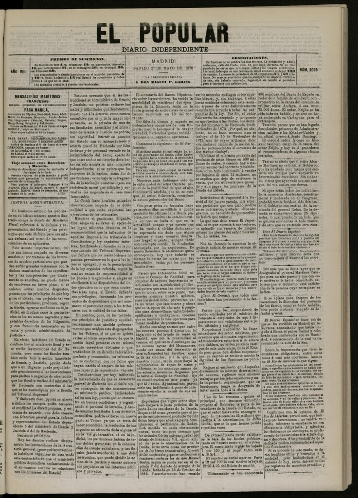 Miniatura de El Popular: diario independiente, político, literario y de noticias de interés general del 27 de mayo de 1876, nº 2095