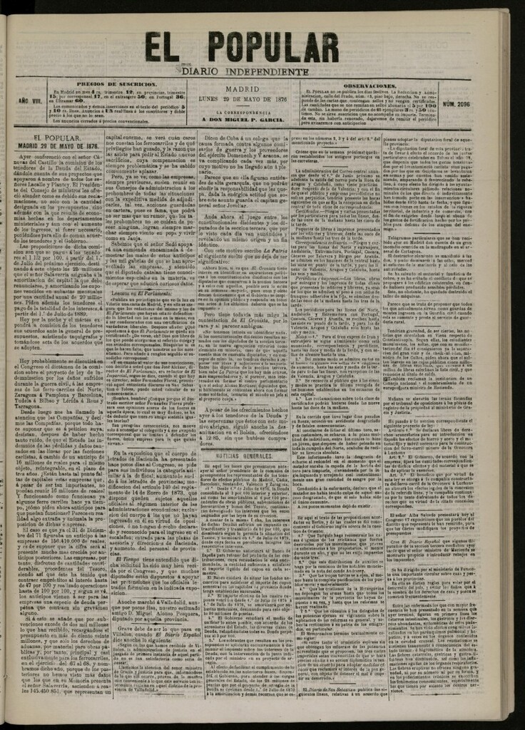 Miniatura de El Popular: diario independiente, político, literario y de noticias de interés general del 29 de mayo de 1876, nº 2096