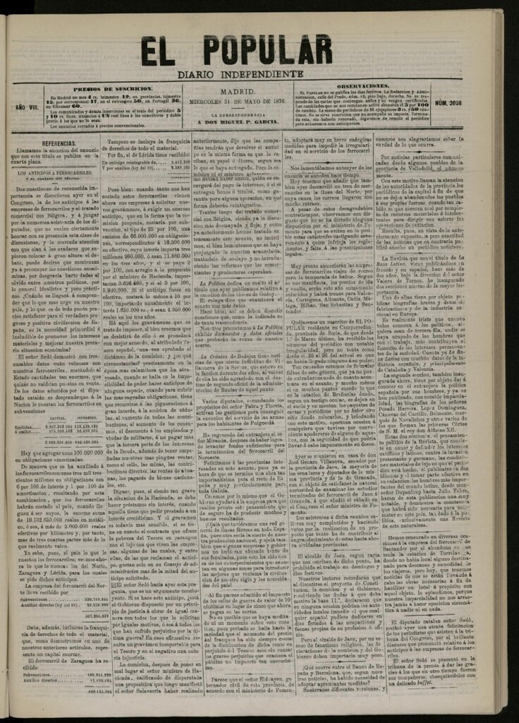 Miniatura de El Popular: diario independiente, político, literario y de noticias de interés general del 31 de mayo de 1876, nº 2098