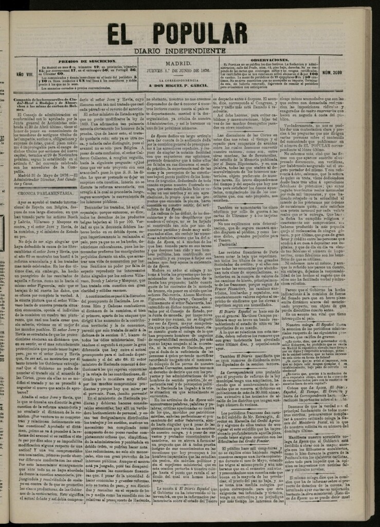 Miniatura de El Popular: diario independiente, político, literario y de noticias de interés general del 1 de junio de 1876, nº 2099