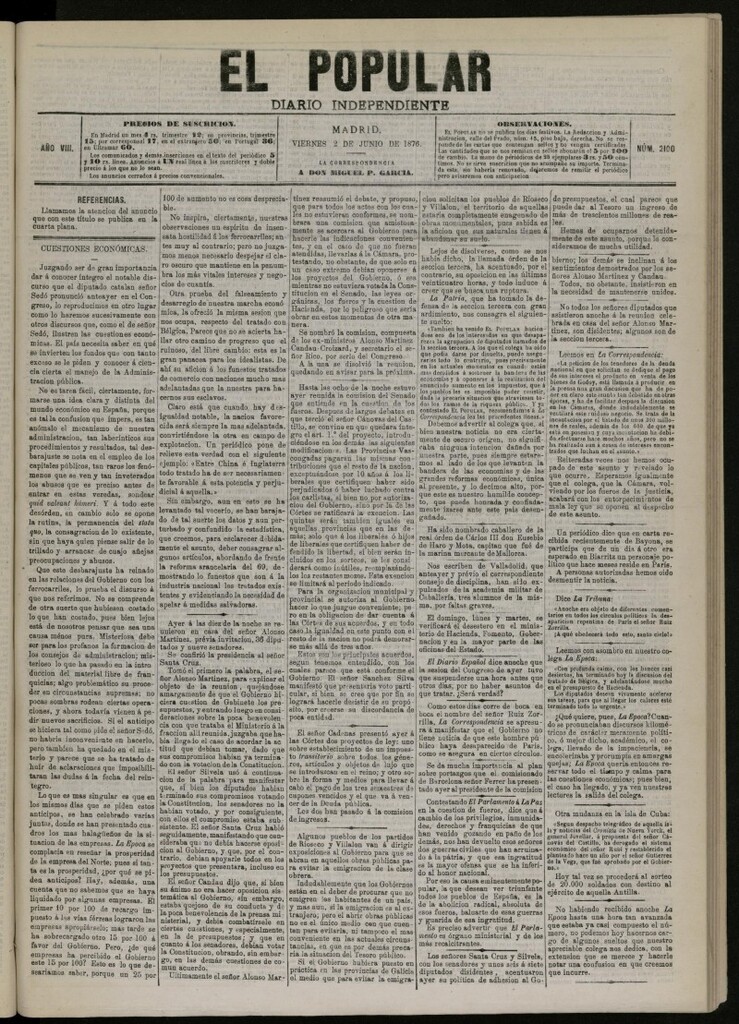 Miniatura de El Popular: diario independiente, político, literario y de noticias de interés general del 2 de junio de 1876, nº 2100