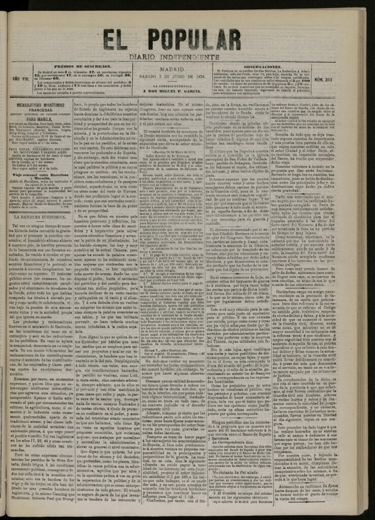 Miniatura de El Popular: diario independiente, político, literario y de noticias de interés general del 3 de junio de 1876, nº 2101