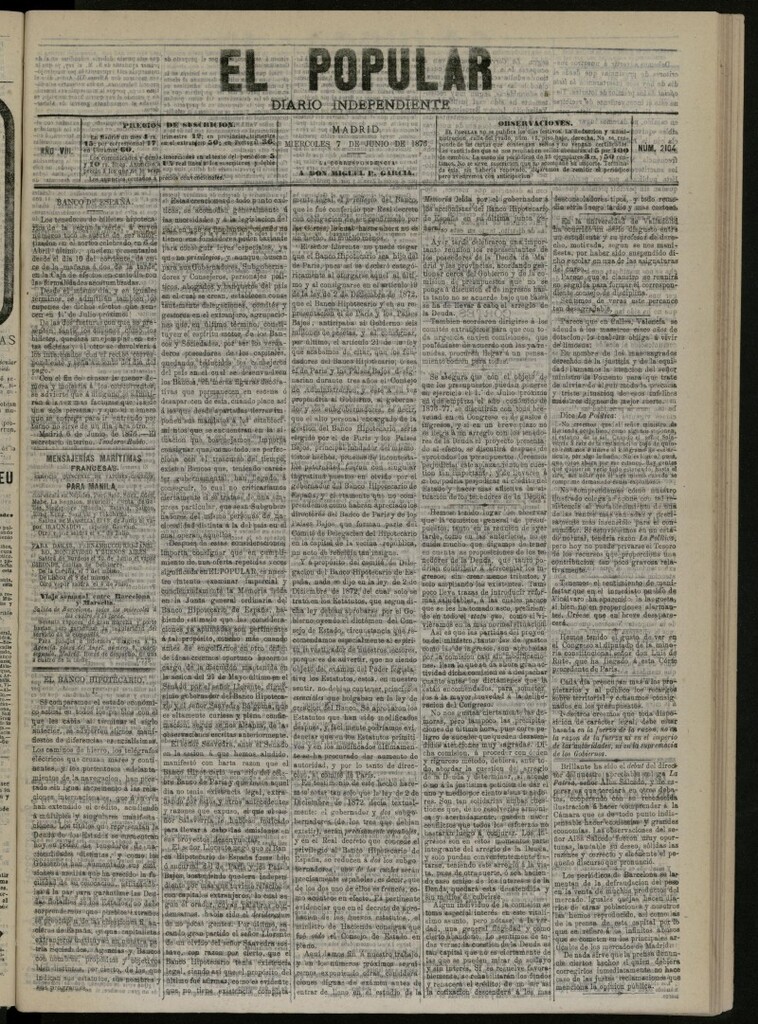 Miniatura de El Popular: diario independiente, político, literario y de noticias de interés general del 7 de junio de 1876, nº 2104