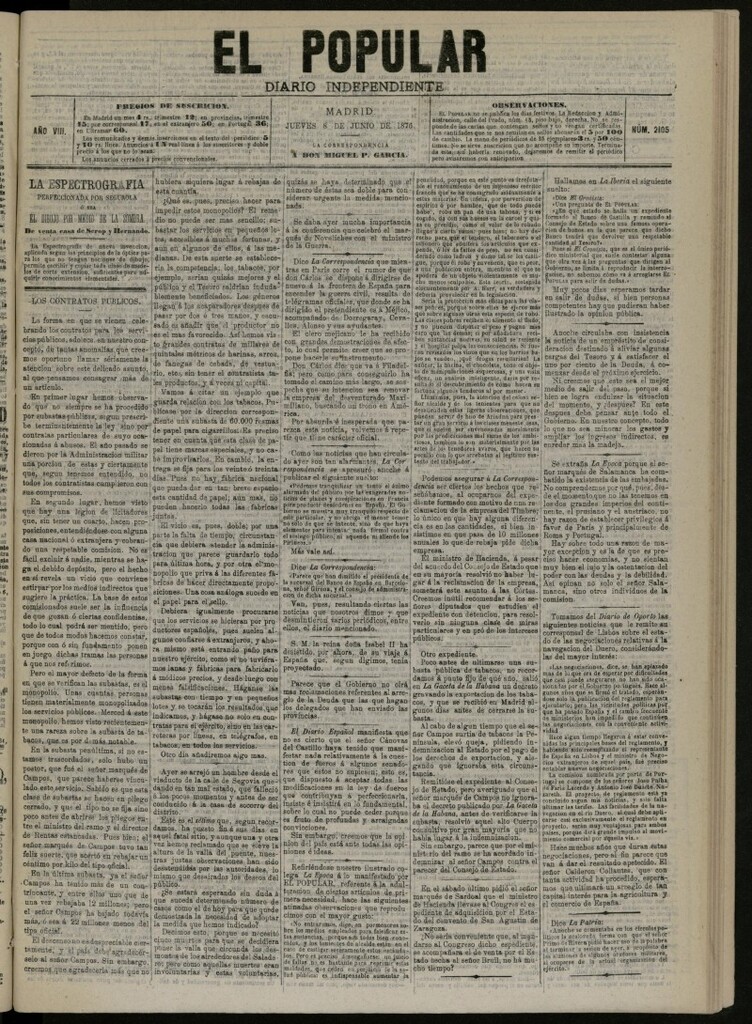 Miniatura de El Popular: diario independiente, político, literario y de noticias de interés general del 8 de junio de 1876, nº 2105