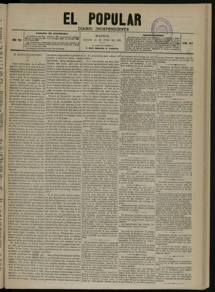 Miniatura de El Popular: diario independiente, político, literario y de noticias de interés general del 10 de junio de 1876, nº 2107