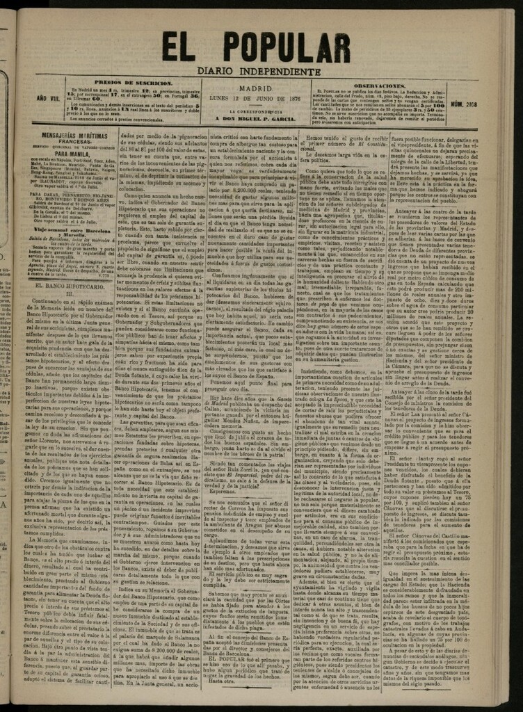 Miniatura de El Popular: diario independiente, político, literario y de noticias de interés general del 12 de junio de 1876, nº 2108