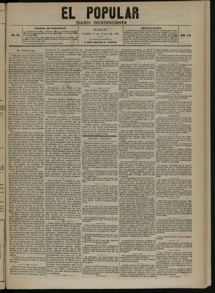 Miniatura de El Popular: diario independiente, político, literario y de noticias de interés general del 13 de junio de 1876, nº 2109