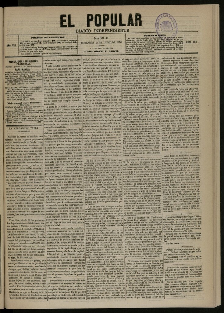 Miniatura de El Popular: diario independiente, político, literario y de noticias de interés general del 14 de junio de 1876, nº 2110