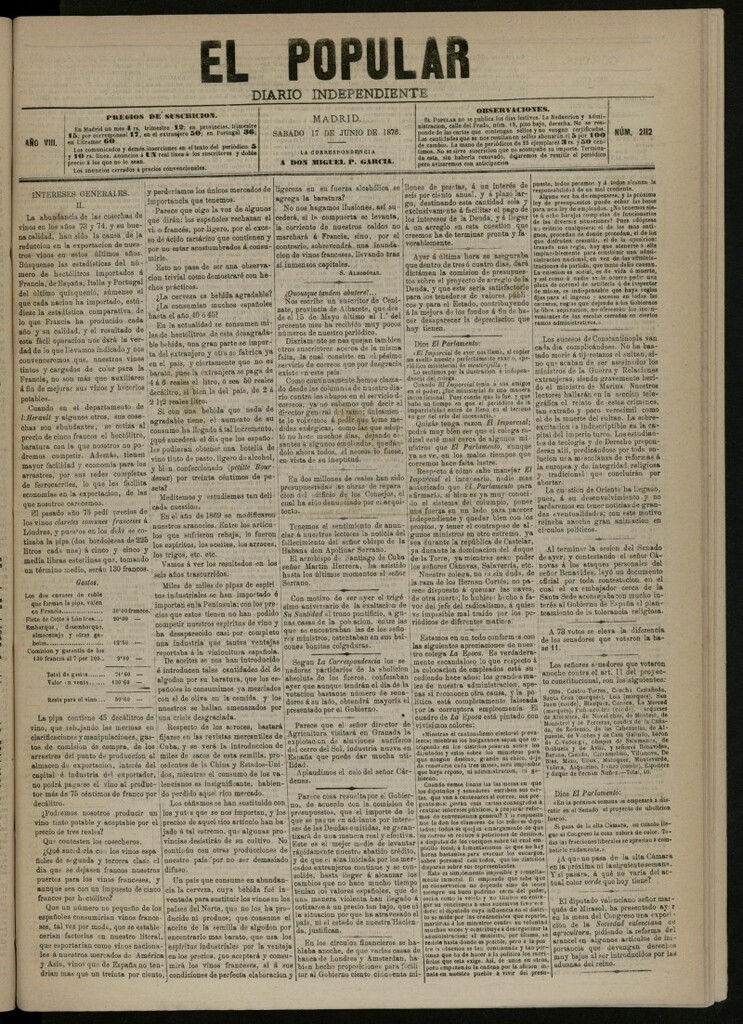 Miniatura de El Popular: diario independiente, político, literario y de noticias de interés general del 17 de junio de 1876, nº 2112