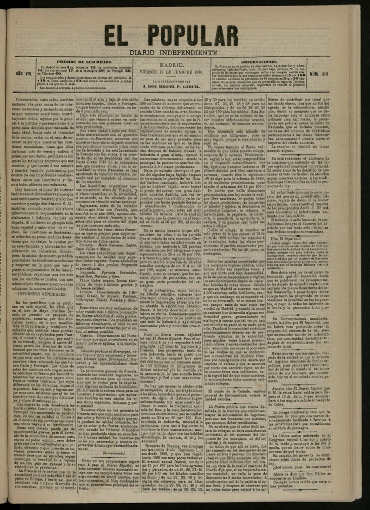 Miniatura de El Popular: diario independiente, político, literario y de noticias de interés general del 15 de junio de 1876, nº 2111