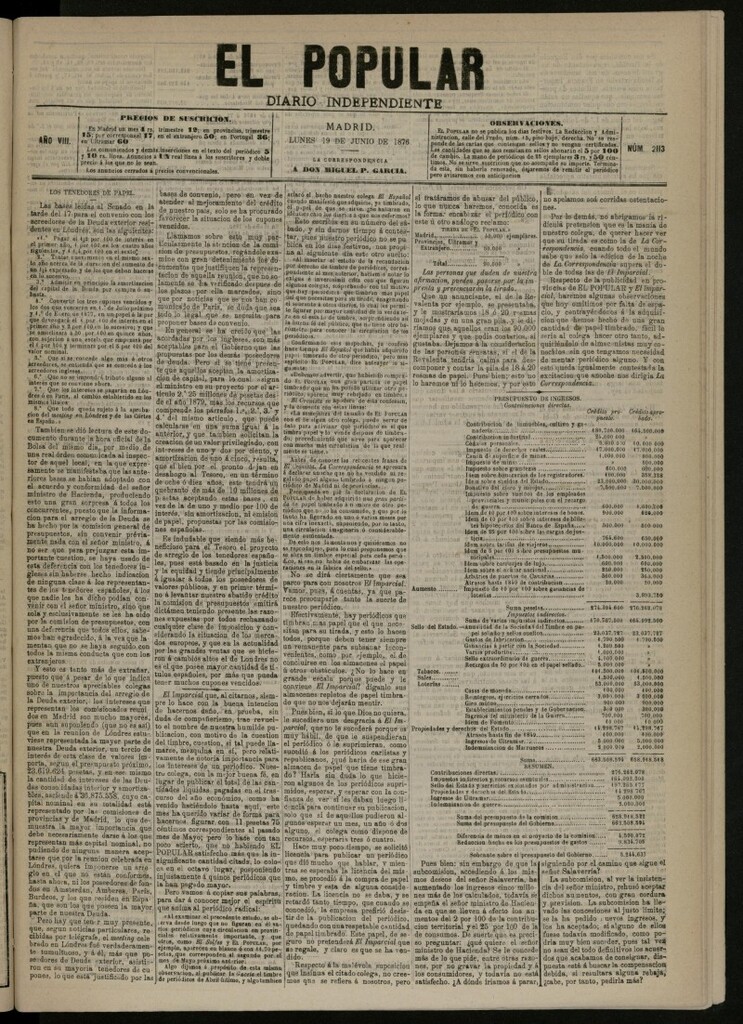Miniatura de El Popular: diario independiente, político, literario y de noticias de interés general del 19 de junio de 1876, nº 2113