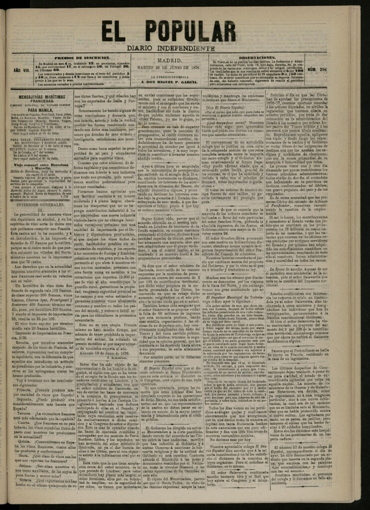 Miniatura de El Popular: diario independiente, político, literario y de noticias de interés general del 20 de junio de 1876, nº 2114