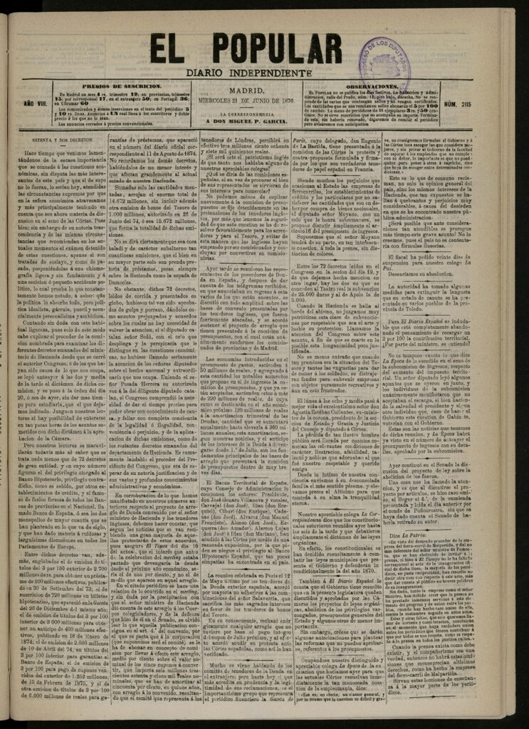 Miniatura de El Popular: diario independiente, político, literario y de noticias de interés general del 21 de junio de 1876, nº 2115