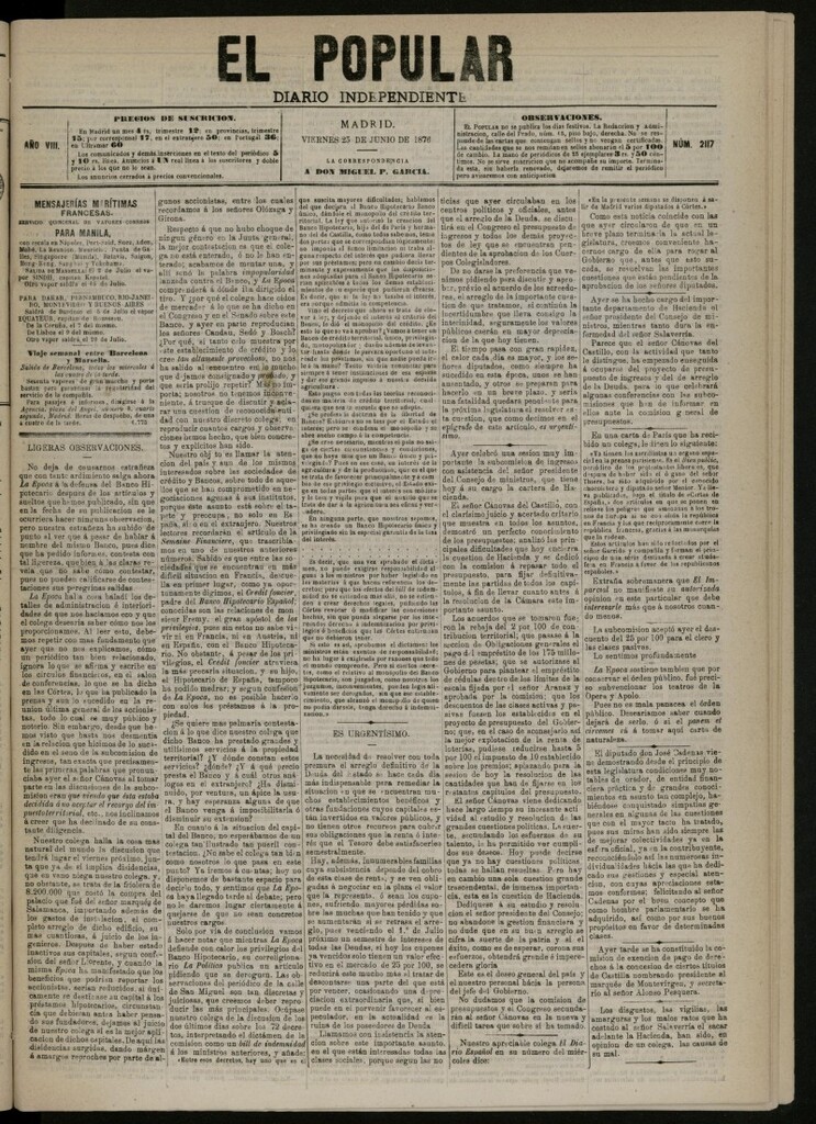 Miniatura de El Popular: diario independiente, político, literario y de noticias de interés general del 23 de junio de 1876, nº 2117