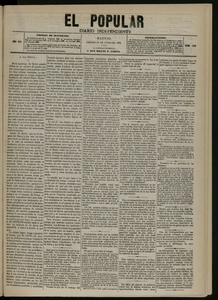 Miniatura de El Popular: diario independiente, político, literario y de noticias de interés general del 24 de junio de 1876, nº 2118