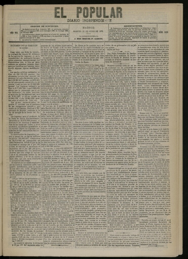 Miniatura de El Popular: diario independiente, político, literario y de noticias de interés general del 27 de junio de 1876, nº 2120