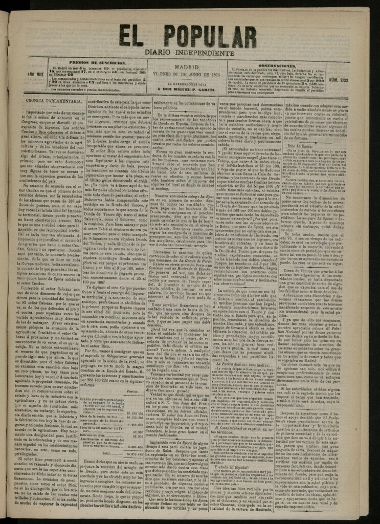 Miniatura de El Popular: diario independiente, político, literario y de noticias de interés general del 30 de junio de 1876, nº 2122