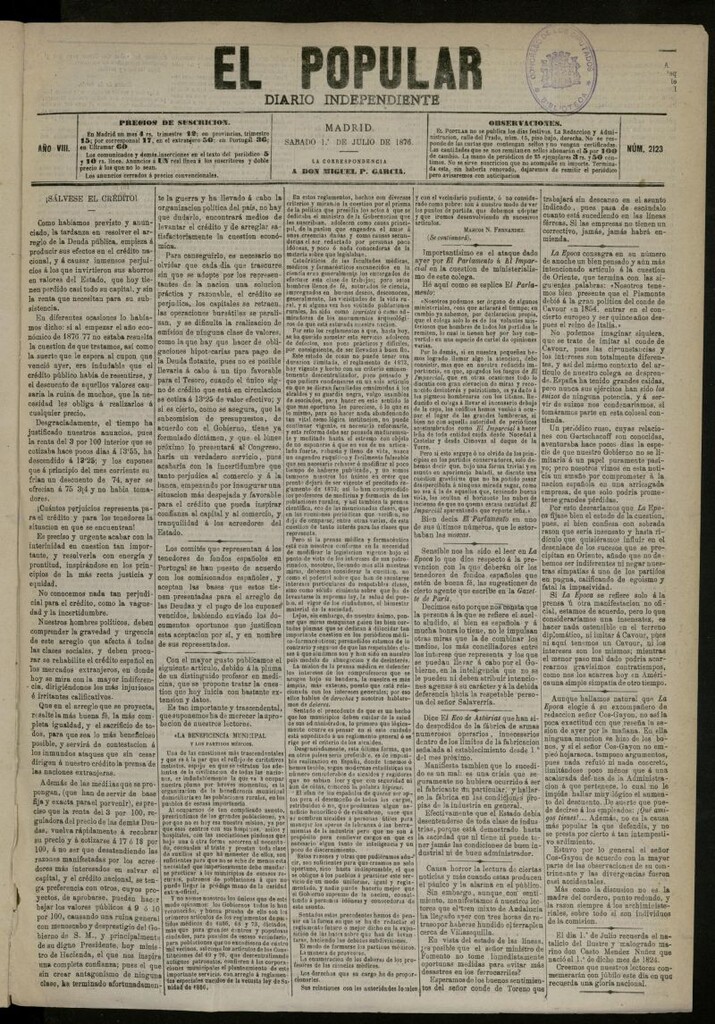 Miniatura de El Popular: diario independiente, político, literario y de noticias de interés general del 1 de julio de 1876, nº 2123