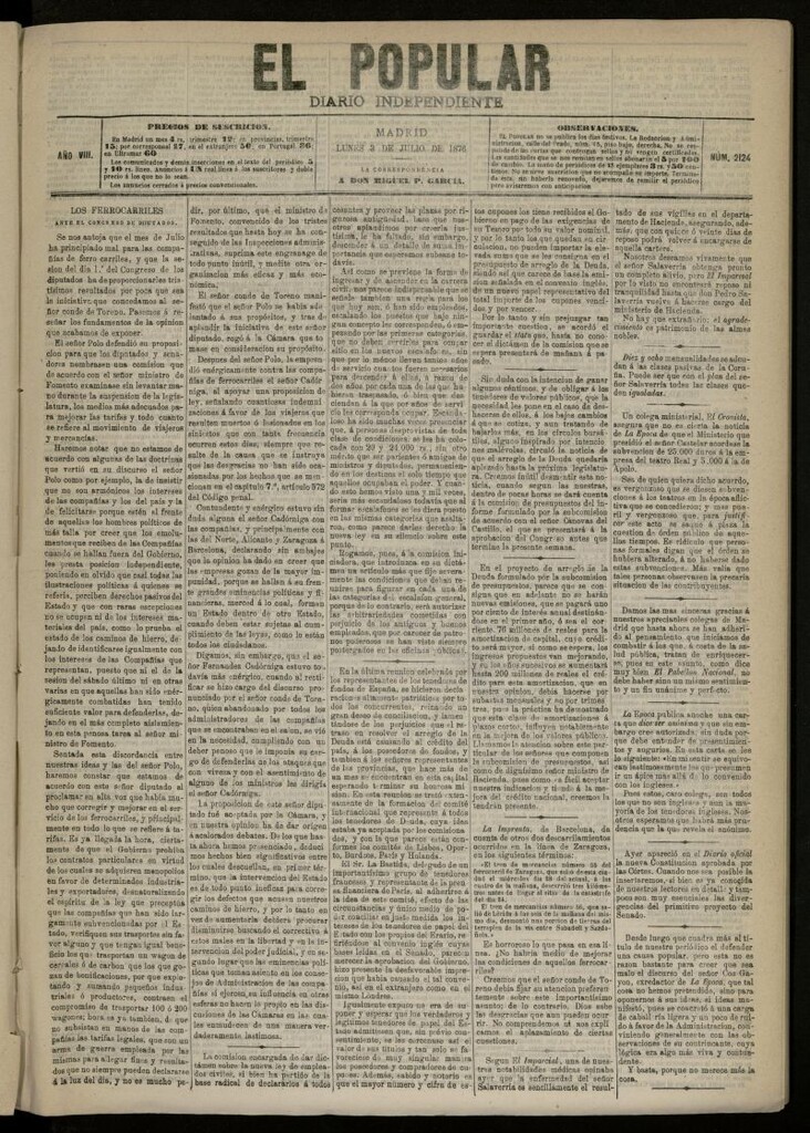 Miniatura de El Popular: diario independiente, político, literario y de noticias de interés general del 3 de julio de 1876, nº 2124