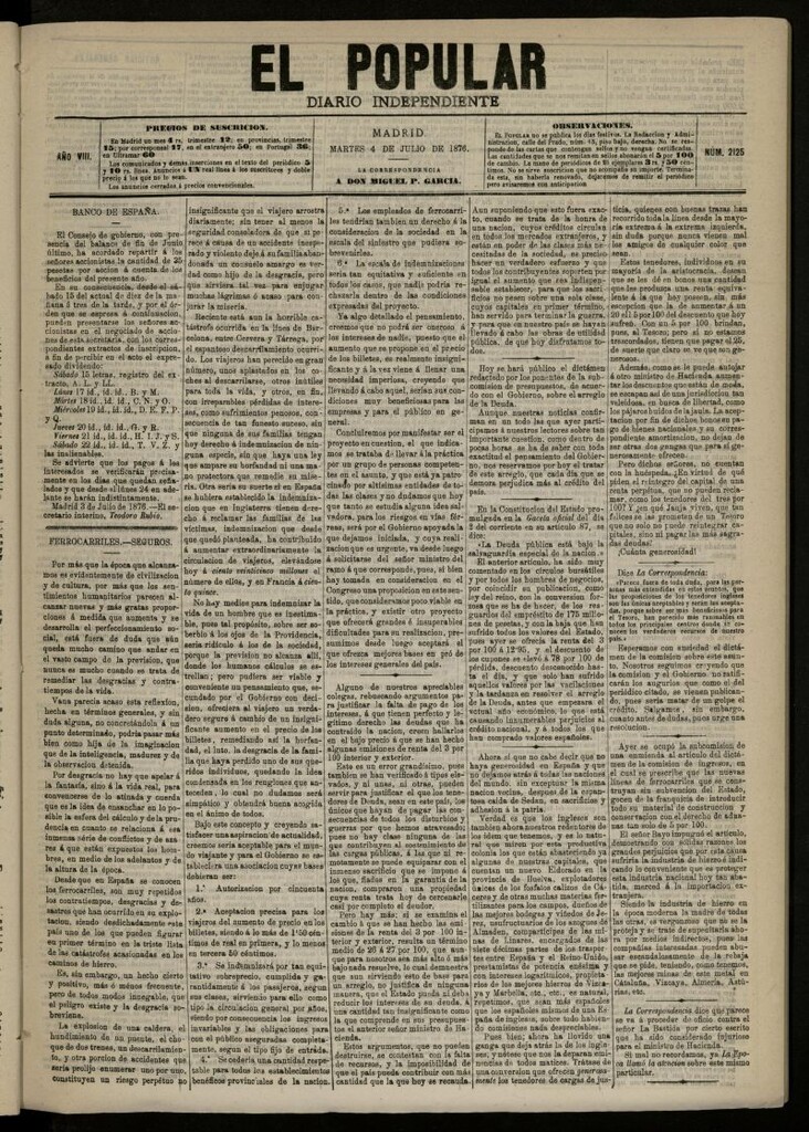 Miniatura de El Popular: diario independiente, político, literario y de noticias de interés general del 4 de julio de 1876, nº 2125