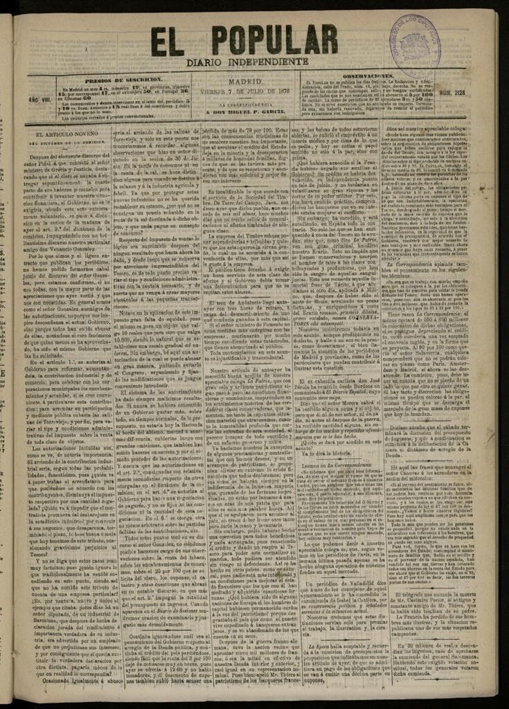 Miniatura de El Popular: diario independiente, político, literario y de noticias de interés general del 7 de julio de 1876, nº 2128