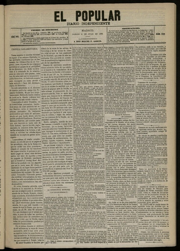 Miniatura de El Popular: diario independiente, político, literario y de noticias de interés general del 8 de julio de 1876, nº 2129