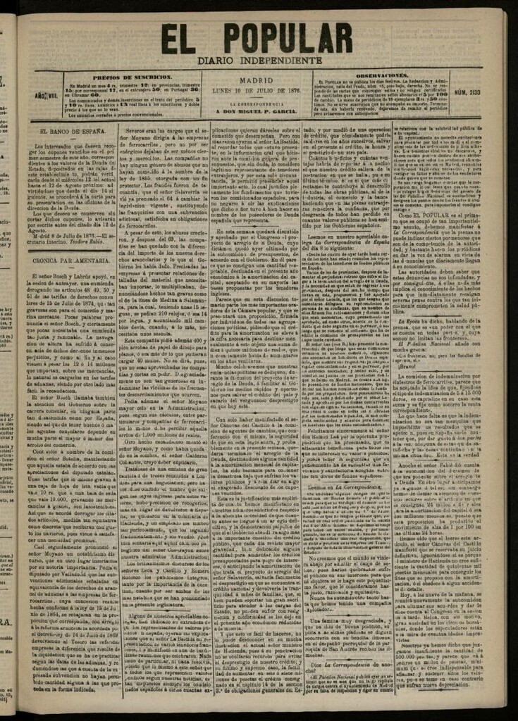 Miniatura de El Popular: diario independiente, político, literario y de noticias de interés general del 10 de julio de 1876, nº 2130