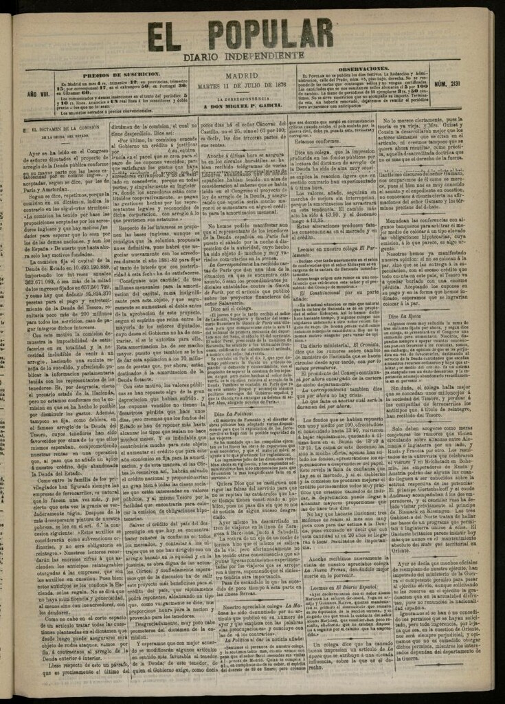 Miniatura de El Popular: diario independiente, político, literario y de noticias de interés general del 11 de julio de 1876, nº 2131