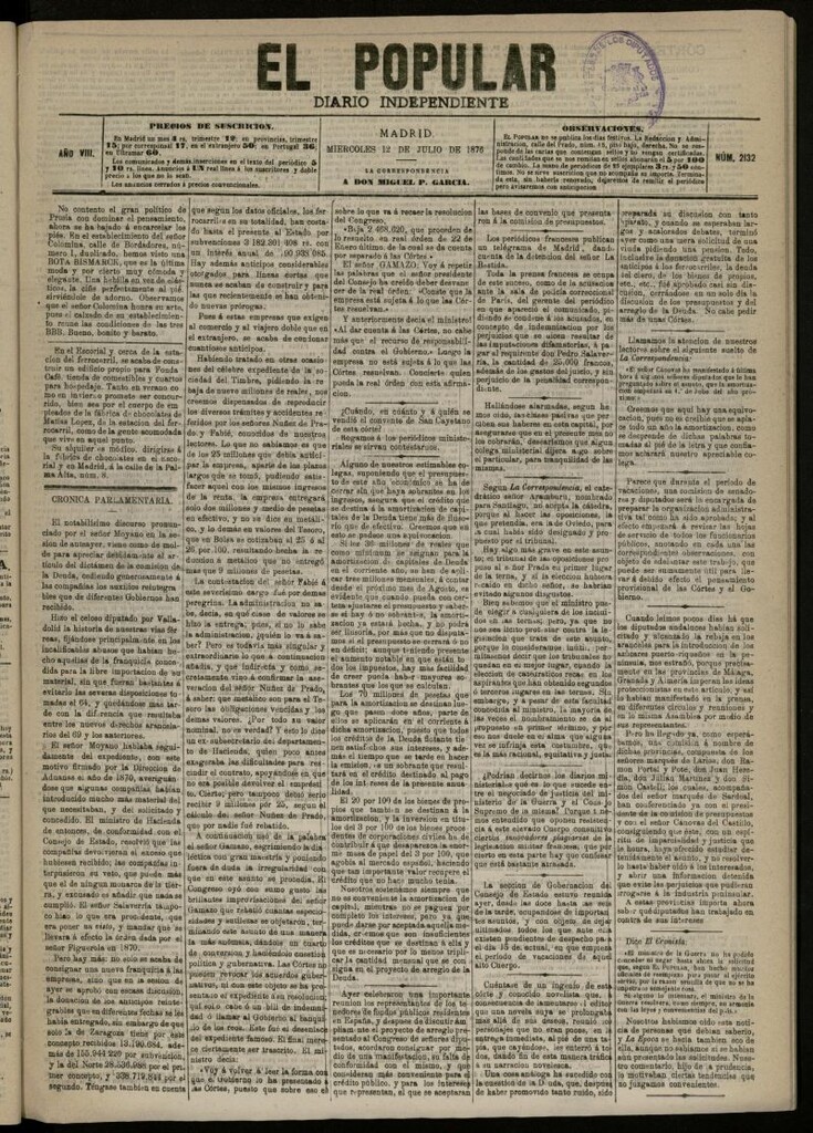 Miniatura de El Popular: diario independiente, político, literario y de noticias de interés general del 12 de julio de 1876, nº 2132