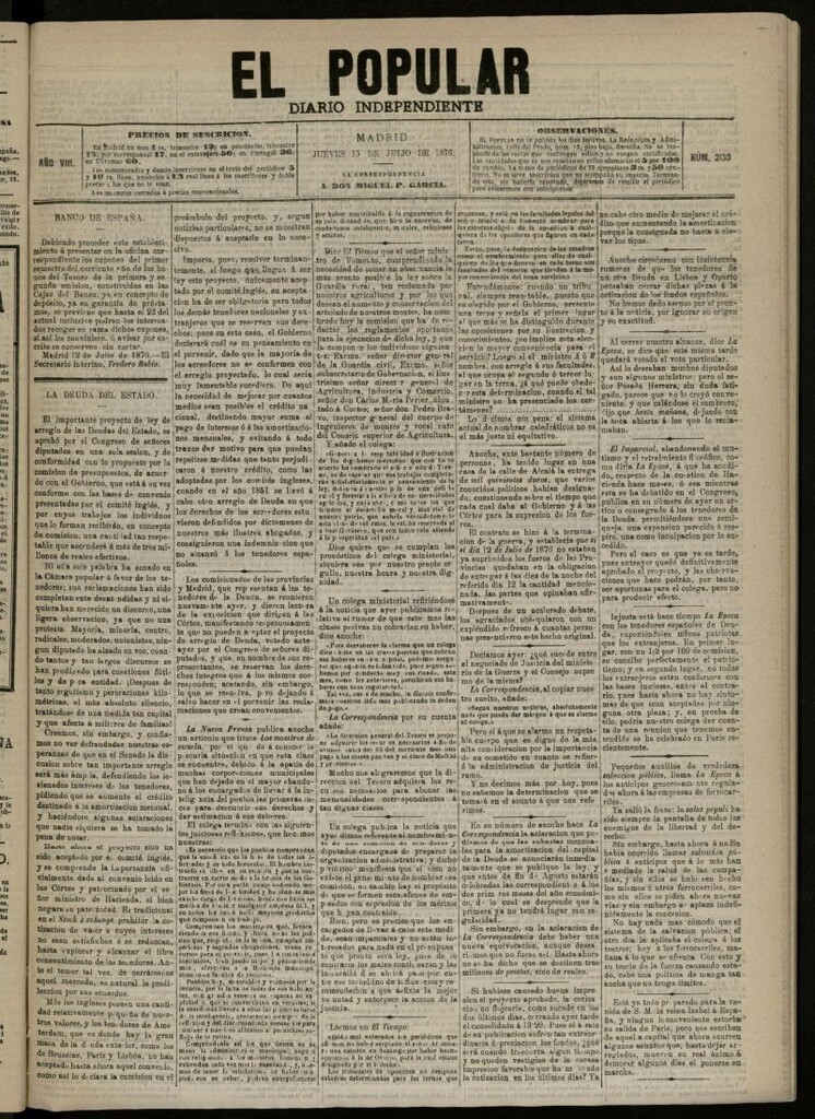 Miniatura de El Popular: diario independiente, político, literario y de noticias de interés general del 13 de julio de 1876, nº 2133