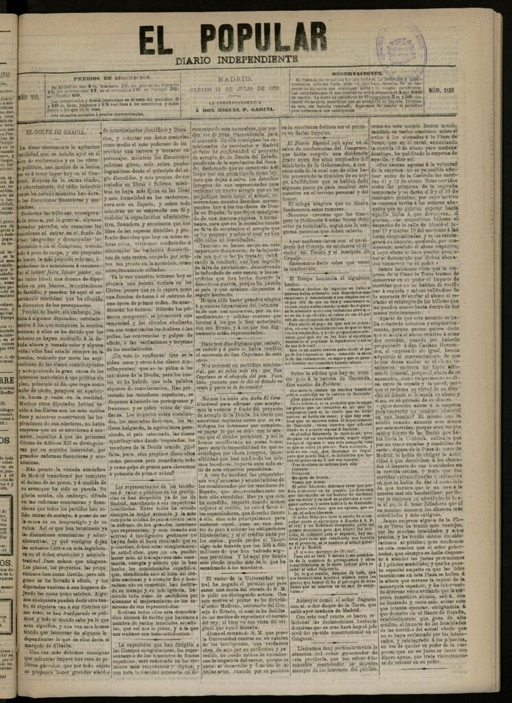 Miniatura de El Popular: diario independiente, político, literario y de noticias de interés general del 15 de julio de 1876, nº 2135
