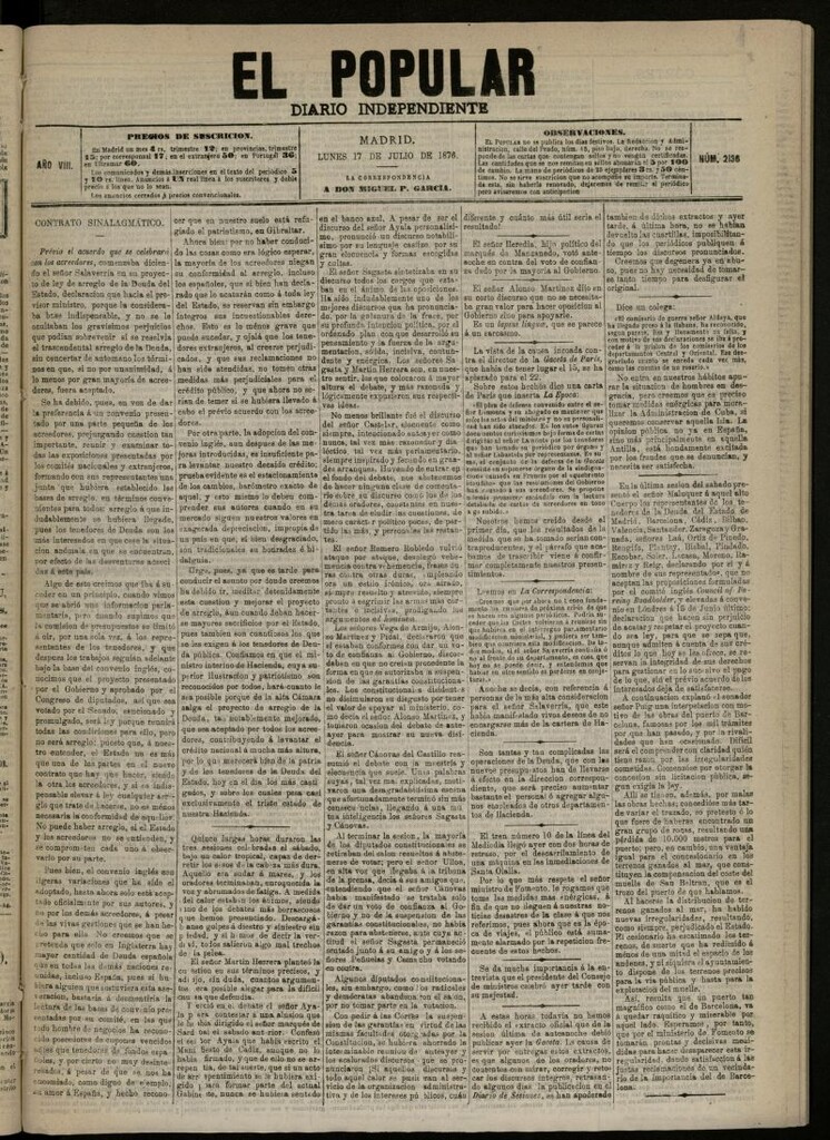 Miniatura de El Popular: diario independiente, político, literario y de noticias de interés general del 17 de julio de 1876, nº 2136