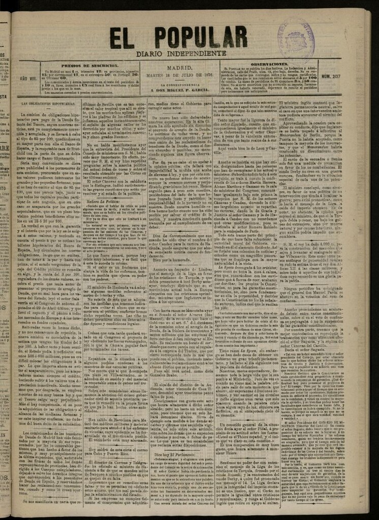 Miniatura de El Popular: diario independiente, político, literario y de noticias de interés general del 18 de julio de 1876, nº 2137